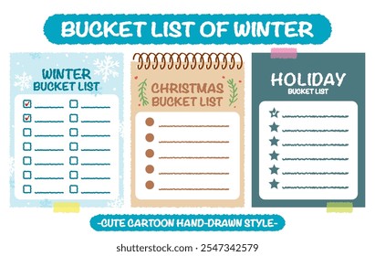 Hand drawn style winter holiday bucket lists set. Christmas checklists with snow flake pattern. Cartoon doodle style day do list. Cute colorful new year bucket list memo. Chart, Idea, Paper note