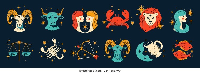 Hand drawn style zodiac sign icons collection with constellations and glowing stars. Astrological symbols set in cartoon sketch style. Horoscope esoteric characters concept. Flat vector illustration.