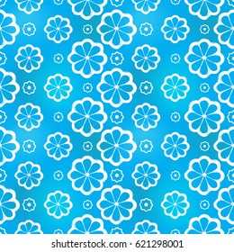 Hand drawn styled flowers in arabic seamless pattern background. Traditional white oriental signs and symbols on soft blue backdrop. Greeting card background for muslim cards, banners.