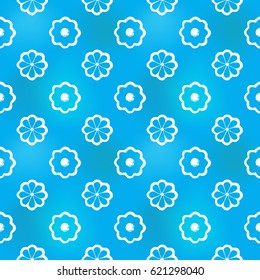 Hand drawn styled flowers in arabic seamless pattern background. Traditional white oriental signs and symbols on soft blue backdrop. Greeting card background for muslim cards, banners.