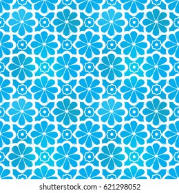 Hand drawn styled flowers in arabic seamless pattern background. Traditional white oriental signs and symbols on soft blue backdrop. Greeting card background for muslim cards, banners.