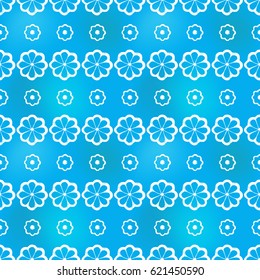 Hand drawn styled flowers in arabic seamless pattern background. Traditional white oriental signs and symbols on soft blue backdrop. Greeting card background for muslim cards, banners.