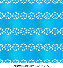Hand drawn styled flowers in arabic seamless pattern background. Traditional white oriental signs and symbols on soft blue backdrop. Greeting card background for muslim cards, banners.