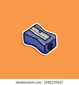 A hand drawn styled illustration of a blue pencil sharpener set against an orange background. Artistic and vibrant composition ideal for educational or creative design purposes.