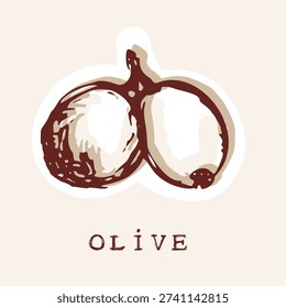 
Hand drawn stylised olive fruit set of vector illustration motif. Black and white flat sticker style of plants of the bible, fruit and food picture design. Simple artwork for quirky olives doodle  