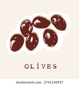 
Hand drawn stylised olive fruit set of vector illustration motif. Black and white flat sticker style of plants of the bible, fruit and food picture design. Simple artwork for quirky olives doodle  