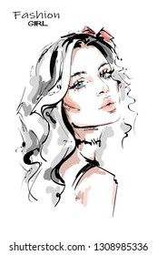 Hand drawn stylish beautiful young woman with long blonde hair. Beautiful girl. Fashion look. Woman with choke necklace. Sketch. Vector illustration.
