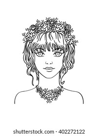 Hand drawn stylish beautiful young girl with curly hair and flowers. Summer girl portrait in hand draw style. Vector illustration of young girl with flowers in her curly hair.