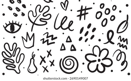 Hand drawn stylish black and white doodle vector illustration, containing cute and childish scribbles such as flowers, leaves, and abstract symbols