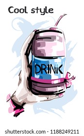 Hand drawn stylish can drink. Soda can. Hand holding drink. Sketch. Vector illustration.