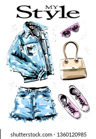 Hand drawn stylish clothes set with jeans jacket, shorts, bag, shoes and sunglasses. Fashion outfit. Female clothing. Casual style. Sketch. Vector illustration.