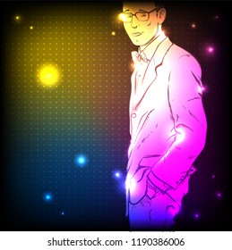 Hand drawn stylish dude. Vector. Neon light. Sketch style