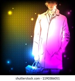 Hand drawn stylish dude. Vector. Neon light. Sketch style