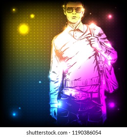 Hand drawn stylish dude. Vector. Neon light. Sketch style