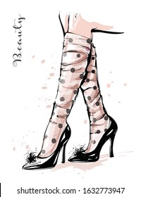 Hand drawn stylish female legs in shoes. Woman legs with spotted sheer tulle socks. Fashion sketch. Vector illustration.