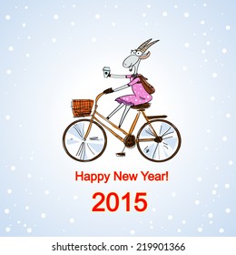 Hand drawn stylish feminine goat dressed in a casual style on a bike with coffee, Christmas card