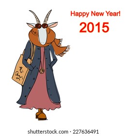 Hand drawn stylish feminine goat dressed in a casual style on a white background, Christmas card 2015