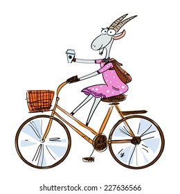 Hand drawn stylish feminine goat dressed in a casual style on a bike with coffee