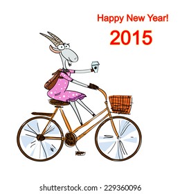 Hand drawn stylish feminine goat dressed in a casual style on a bike with coffee, Christmas card
