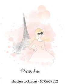 Hand drawn stylish girl sketch. Pink digital watercolor style, vector illustration. Fashion girl in pink dress on  Paris background. 
