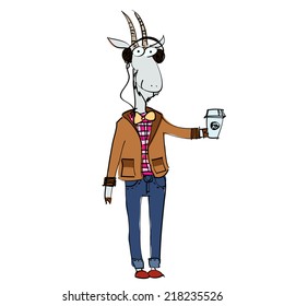 Hand drawn stylish goat dressed in a casual style, with coffee and headphones