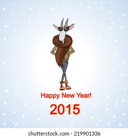 Hand drawn stylish goat dressed in a casual style, Christmas card