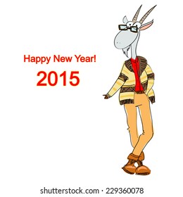 Hand drawn stylish goat dressed in a casual style on a white background, Christmas card 2015