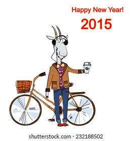 Hand drawn stylish goat dressed in a casual style, with bicycle and coffee