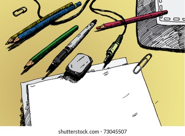 Hand Drawn Stylish Illustration of Working Space for Designers