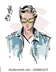 Hand drawn stylish man in sunglasses. Fashion handsome man. Sketch. Vector illustration.