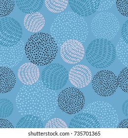 Hand drawn stylish modern blue color seamless abstract pattern with round shapes, scandinavian design style. Vector illustration