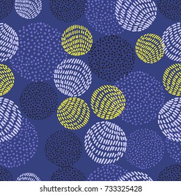 Hand drawn stylish modern dark blue color seamless abstract pattern of round shape objects, scandinavian design style. Vector illustration