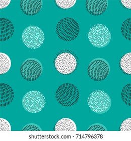 Hand drawn stylish modern teal color seamless abstract pattern with rounds, scandinavian design style. Vector illustration