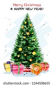 Hand drawn stylish new year set with fir tree, gift boxes, new year fir tree balls. Cute Christmas decoration. Sketch.