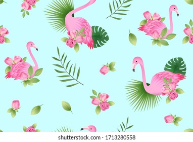 Hand drawn stylish pink flamingo vector illustration seamless background, summer tropical landscape, palm leaves, holiday elements, wedding invitations, birthday invitation elements