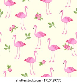 Hand drawn stylish pink flamingo vector illustration Seamless background, summer tropical landscape, palm leaves, holiday elements, wedding invitations, birthday invitation elements