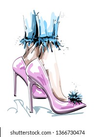 Hand drawn stylish pink shoes with pom pom. Female legs in fashion shoes. Sketch. Vector illustration.