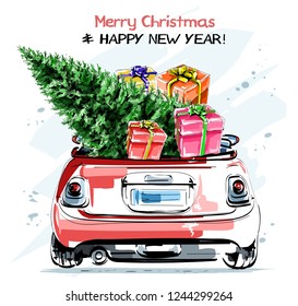 Hand drawn stylish red car with cute christmas gift boxes and fir tree. Beautiful new year set. Sketch.