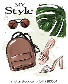 Hand drawn stylish set with backpack, shoes, sunglasses and palm leaf. Fashion set. Beautiful female outfit. Flat lay. Vector illustration.