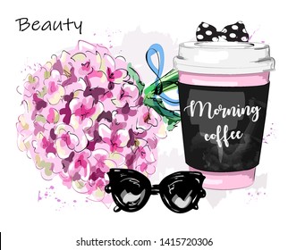 Hand drawn stylish set with flowers, coffee cup, sunglasses and bow. Sketch. Vector illustration.
