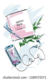 Hand drawn stylish set with phone, headphones, pen, sketchbook on the desk. Beautiful sketch. Vector illustration.