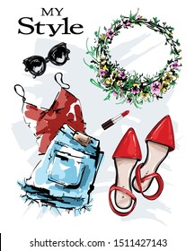 Hand drawn stylish set with red shoes, shorts, shirt, lipstick, sunglasses and flower wreath. Fashion outfit. Sketch. Vector illustration.