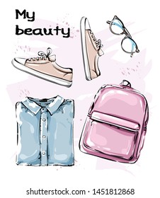Hand drawn stylish set with sneakers, shirt, backpack and eyeglasses. Fashion outfit. Female clothes. Vector illustration.