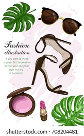 Hand drawn stylish set with sunglasses, shoes and cosmetics. Sketch. Vector illustration.