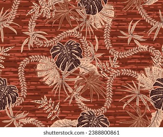 Hand drawn Stylish Summer Tropical plants and leaves, Bali inspired seamless pattern vector illustrations , Design for fashion , fabric, textile, wallpaper , wrapping and all prints on light Beige