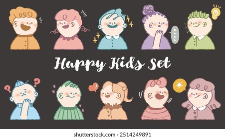 Hand drawn stylish variety race kids character avatar. Colorful crayon drawn child profile facial emotions. Doodle style student face expression. Flat abstract line drawing style head vector.Children 