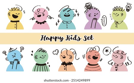 Hand drawn stylish variety race kids character avatar. Colorful crayon drawn child profile facial emotions. Doodle style student face expression. Flat abstract line drawing style head vector.Children 