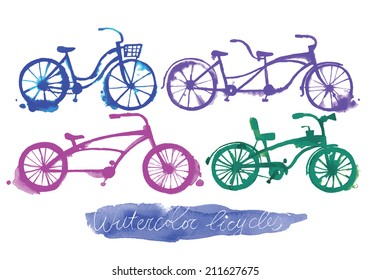Hand drawn stylish watercolor bicycle set. Editable vector format