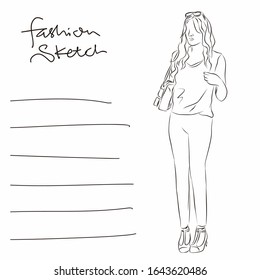 Hand drawn stylish young lady in fashion. sketch