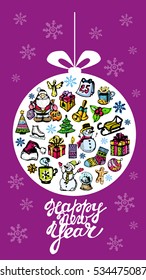 Hand drawn stylizaed Christmas tree Ball. Doodle design, vector illustration. Stylized design ball with xmas toys, balls, stars and snowflakes